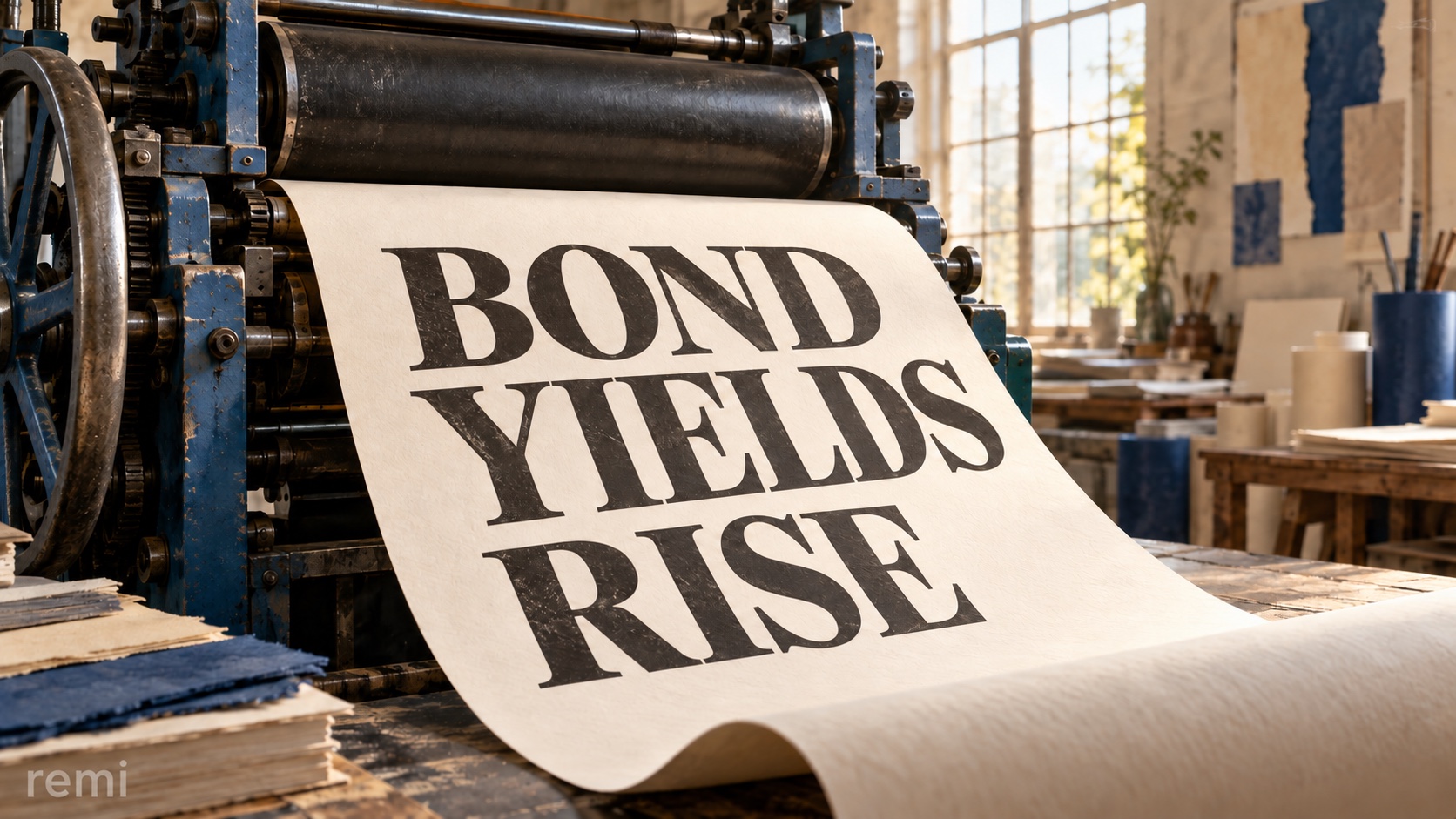 Bond Yields Rise printed on cream paper emerging from a blue printing press