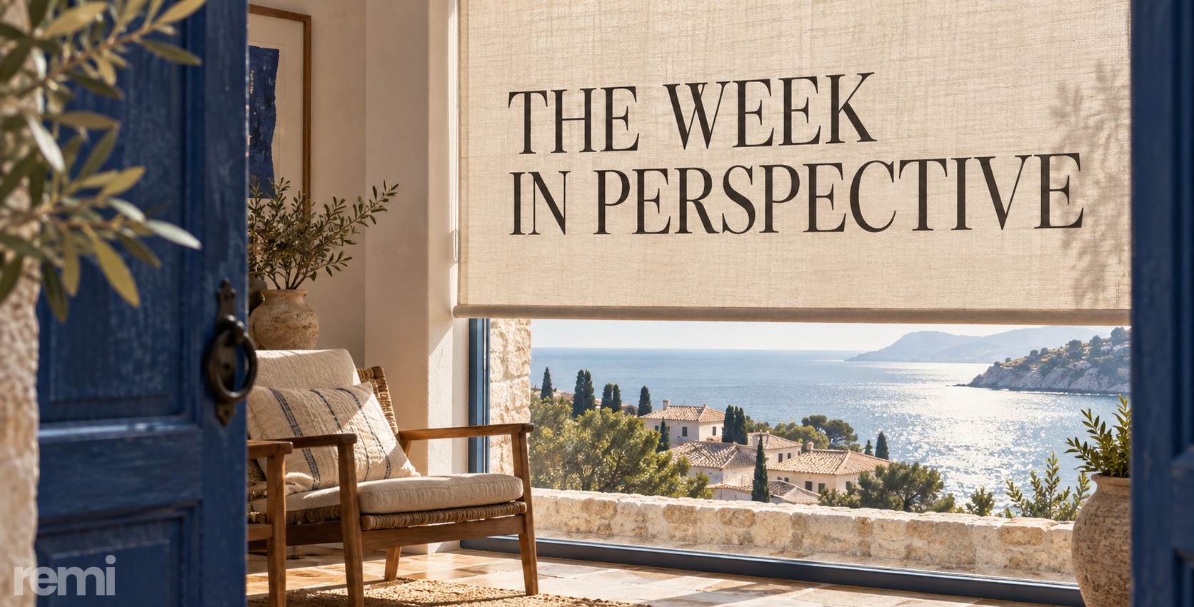 The Week in Perspective printed on a linen blind in a sunlit coastal reading room