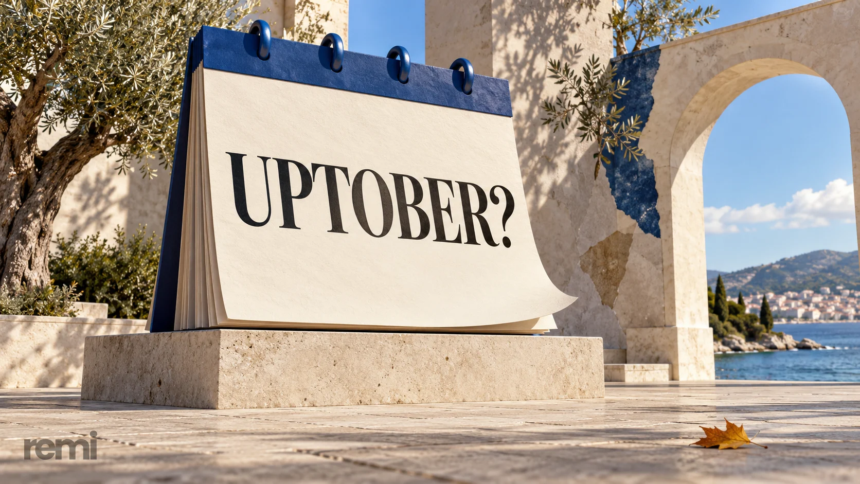 Uptober with a question mark printed on an oversized calendar sculpture in a sunlit coastal courtyard