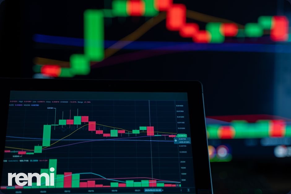 Green candles rising on a crypto trading screen as Bitcoin's price moves higher